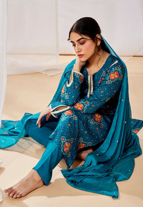 Bandhej Printed Chinon Chiffon Pakistani Suit in Teal Blue
