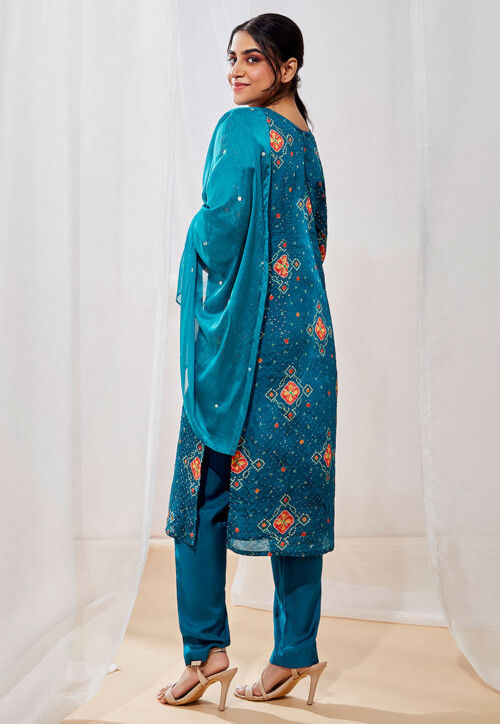 Bandhej Printed Chinon Chiffon Pakistani Suit in Teal Blue