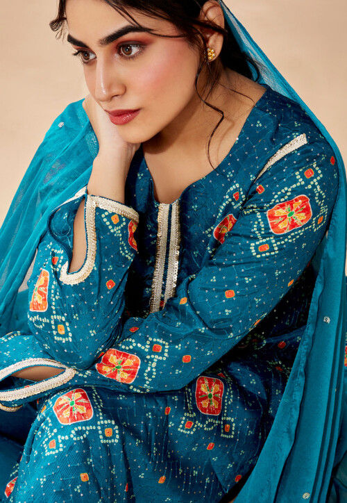 Bandhej Printed Chinon Chiffon Pakistani Suit in Teal Blue