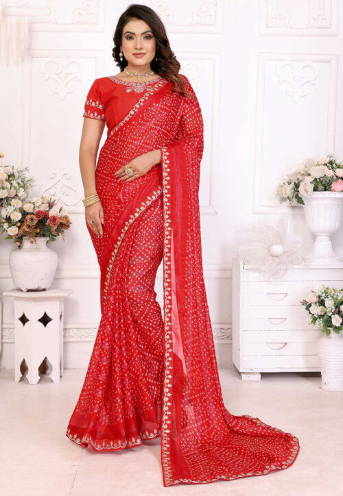 Bandhej Printed Chinon Chiffon Saree in Red