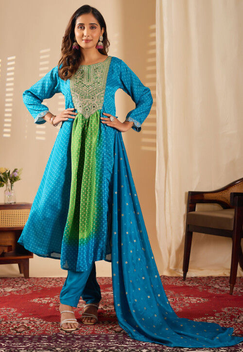 Bandhej Printed Chinon Silk A Line Suit in Teal Blue