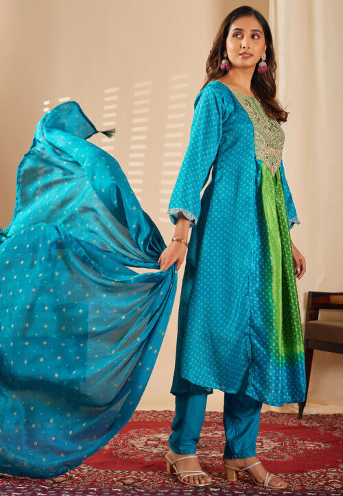 Bandhej Printed Chinon Silk A Line Suit in Teal Blue
