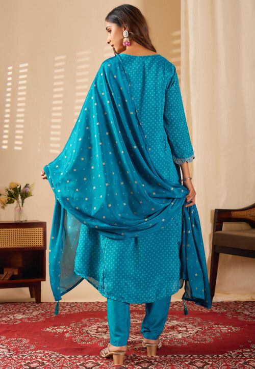 Bandhej Printed Chinon Silk A Line Suit in Teal Blue