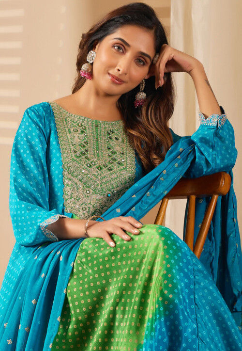 Bandhej Printed Chinon Silk A Line Suit in Teal Blue