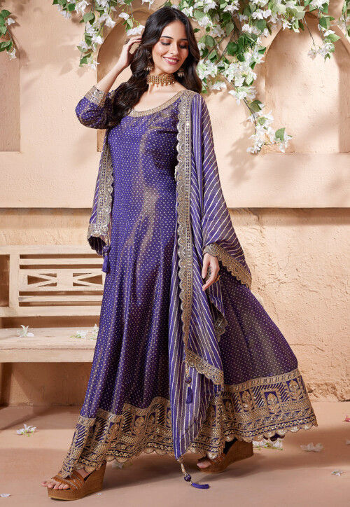 Bandhej Printed Chinon Silk Anarkali Suit in Dark Indigo Blue
