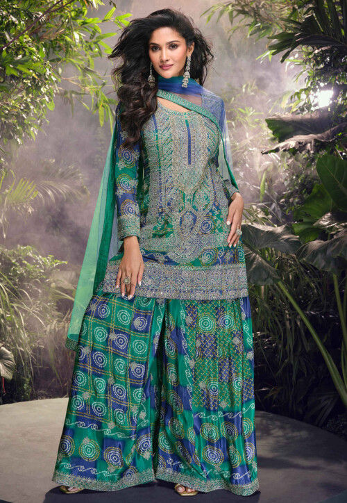 Embroidered Chinon Silk Pakistani Suit in Blue and Green
