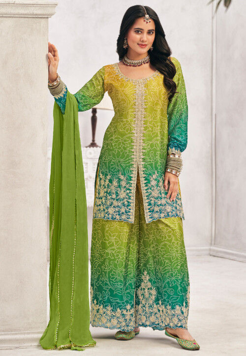 Bandhej Printed Chinon Silk Pakistani Suit in Green Ombre