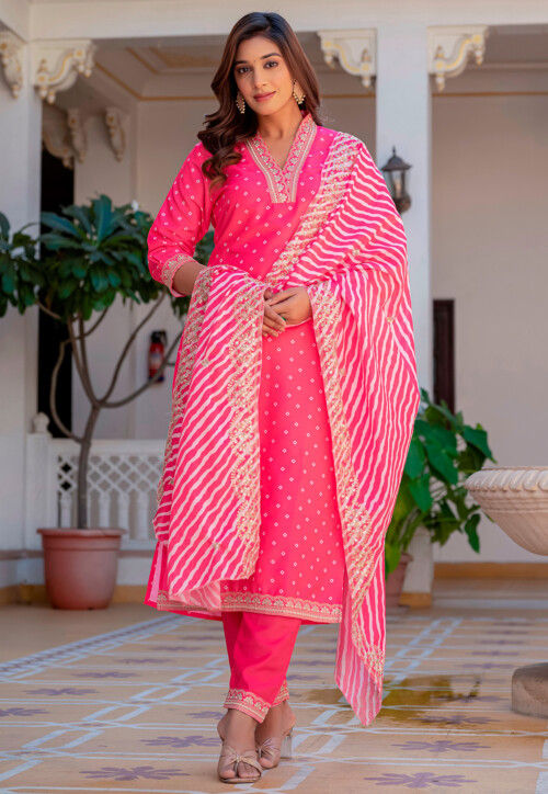 Bandhej Printed Chinon Silk Pakistani Suit in Pink