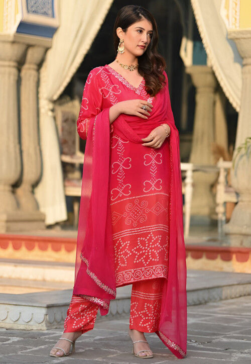 Bandhej Printed Chinon Silk Pakistani Suit in Red