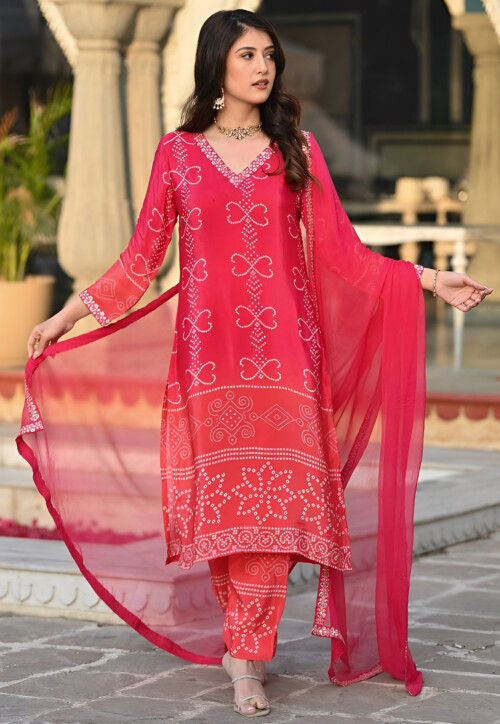 Bandhej Printed Chinon Silk Pakistani Suit in Red