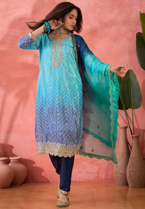 Bandhej Printed Chinon Silk Pakistani Suit in Shaded Blue