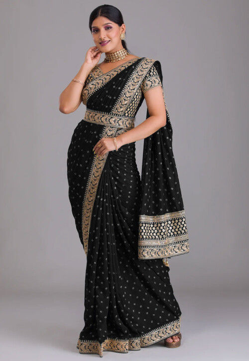 Golden And Black Embroidery Work Designer Saree -