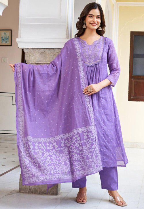 Bandhej Printed Cotton A Line Suit in Purple