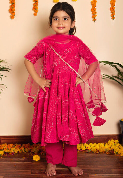 Bandhej Printed Cotton Anarkali Suit in in Fuchsia
