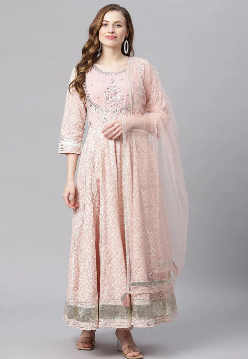 Bandhej Printed Cotton Anarkali Suit in Light Pink