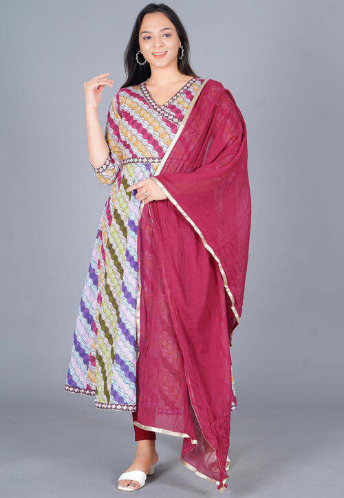 Bandhej Printed Cotton Anarkali Suit in Multicolor