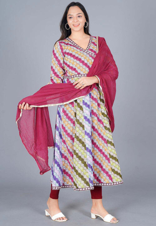 Bandhej Printed Cotton Anarkali Suit in Multicolor