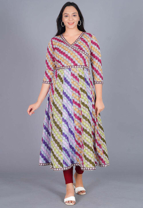 Bandhej Printed Cotton Anarkali Suit in Multicolor