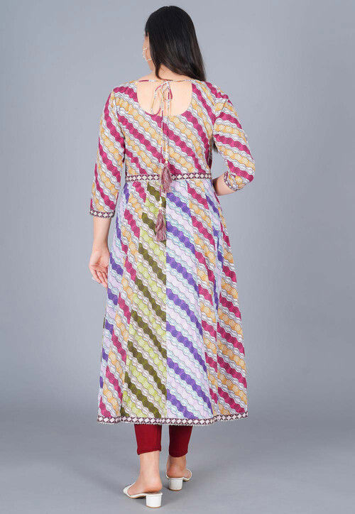 Bandhej Printed Cotton Anarkali Suit in Multicolor