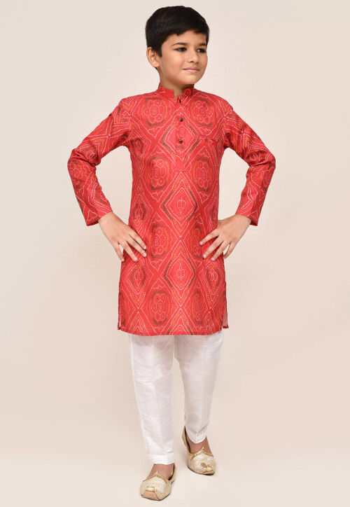 Bandhej Printed Cotton Kurta Set in Red
