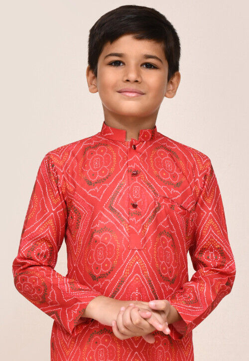 Bandhej Printed Cotton Kurta Set in Red