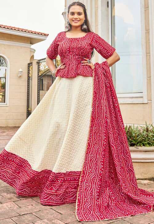 Maroon and white mirror work lehenga set available only at IBFW