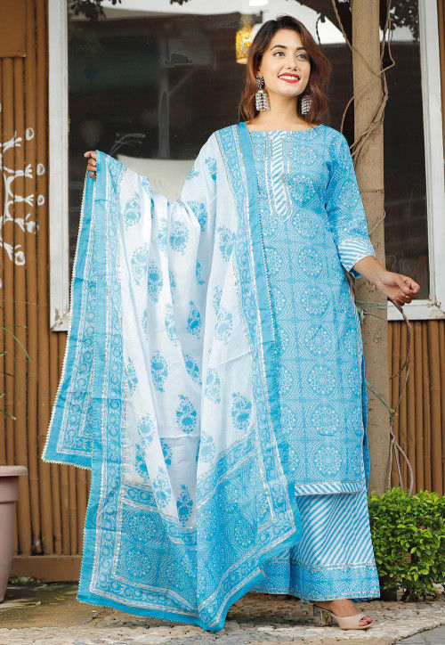 Buy Bandhej Printed Cotton Pakistani Suit in Blue Online : KER108 ...