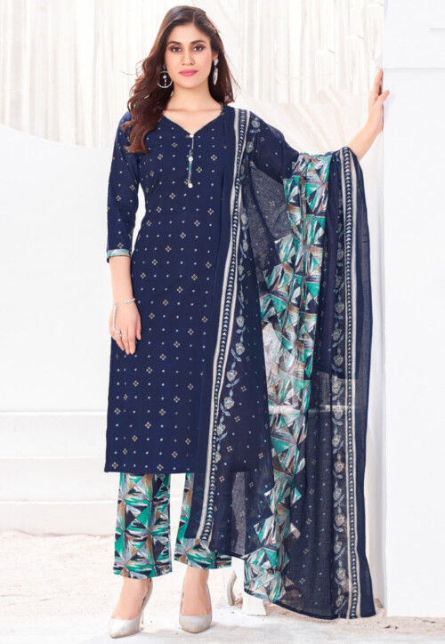 Bandhej Printed Cotton Pakistani Suit in Navy Blue