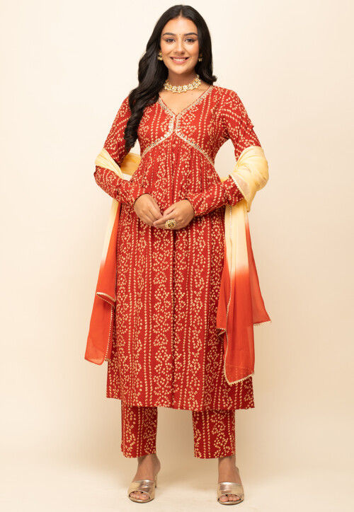 Bandhej Printed Cotton Pakistani Suit in Rust