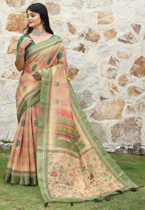 Bandhej Printed Cotton Saree in Light Peach