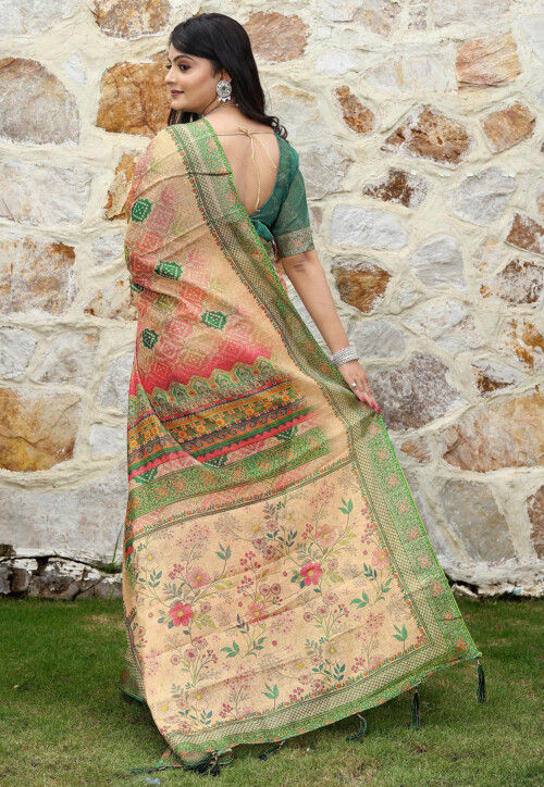 Bandhej Printed Cotton Saree in Light Peach