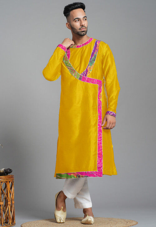 Buy Bandhej Printed Cotton Silk Angrakha style Kurta Set in Mustard Online MTE2445 Utsav Fashion