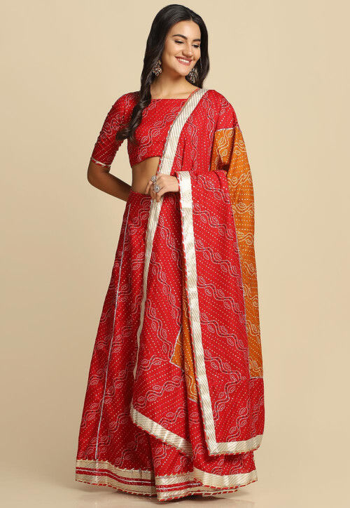 Bandhej Printed Cotton Silk Lehenga in Red