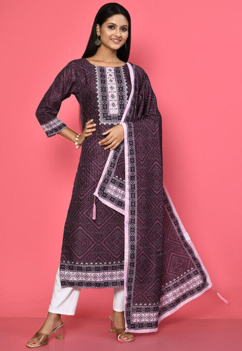 Bandhej Printed Cotton Silk Pakistani Suit in Dark Purple