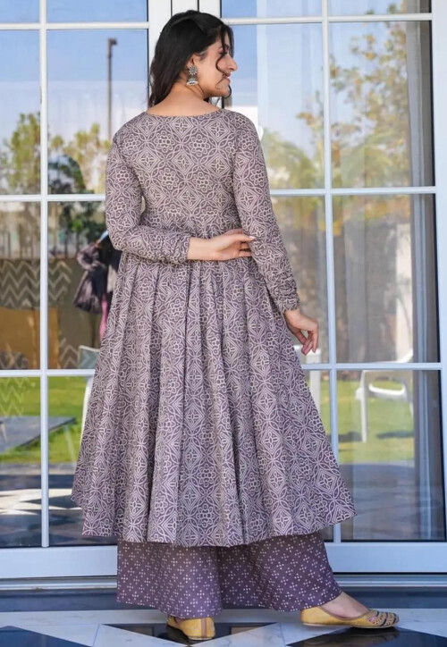 grey and purple pakistani dresses Bandhej Printed Cotton Silk Suit in Dusty ballroom dance dress