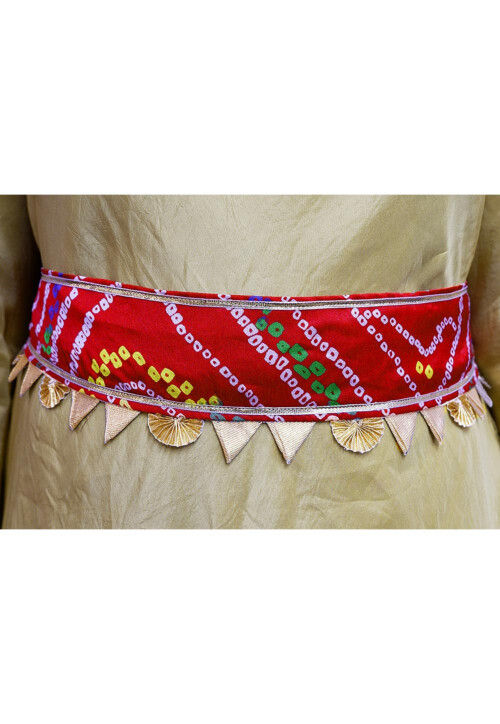 Bandhej Printed Crepe Adjustable Waist Belt in Red