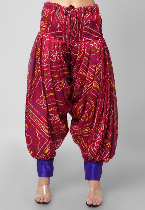Bandhej Printed Crepe Patiala in Maroon