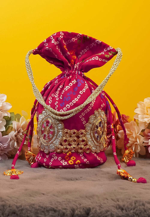 Bandhej Printed Crepe Potli Bag in Fuchsia