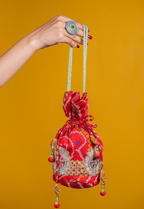 Bandhej Printed Crepe Potli Bag in Red