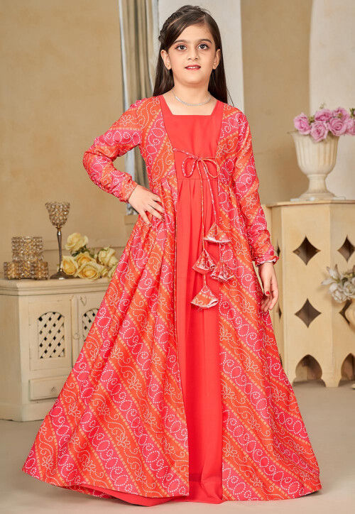 Bandhej Printed Georgette Gown in Red