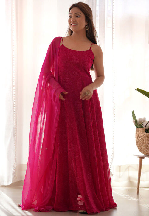 Bandhej Printed Georgette Abaya Style Suit in Fuchsia