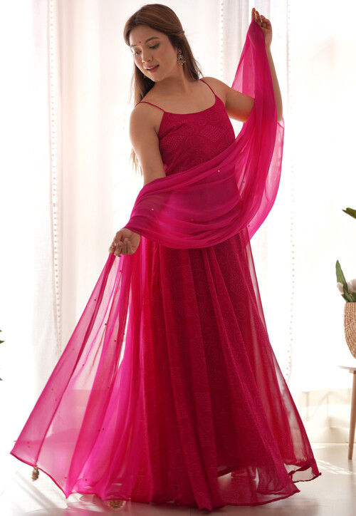 Bandhej Printed Georgette Abaya Style Suit in Fuchsia