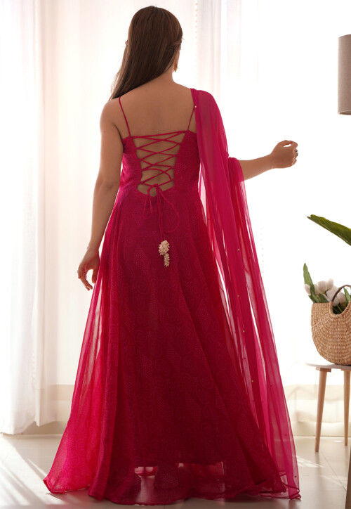 Bandhej Printed Georgette Abaya Style Suit in Fuchsia