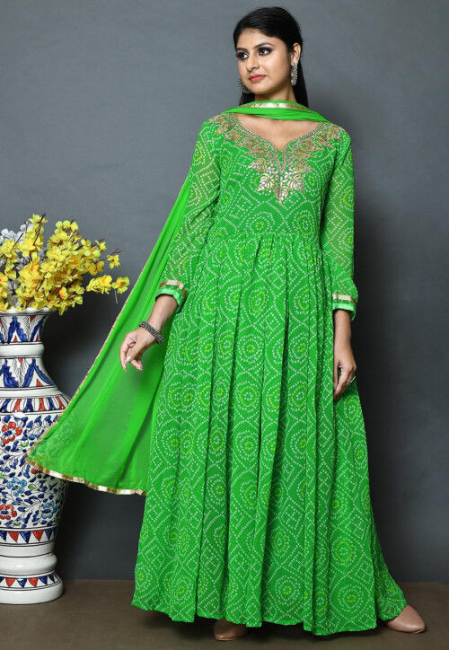 Bandhej Printed Georgette Abaya Style Suit in Green