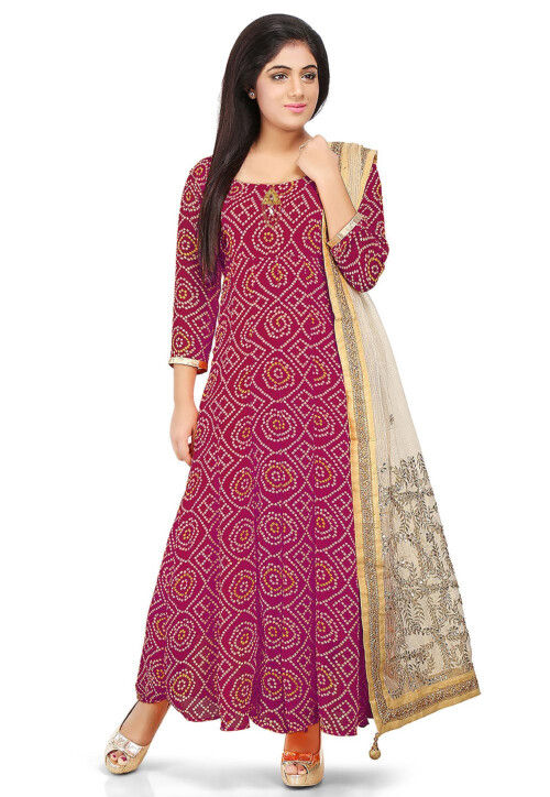 Bandhej Printed Georgette Abaya Style Suit in Magenta