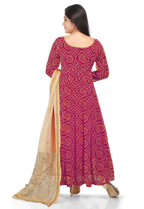 Bandhej Printed Georgette Abaya Style Suit in Magenta