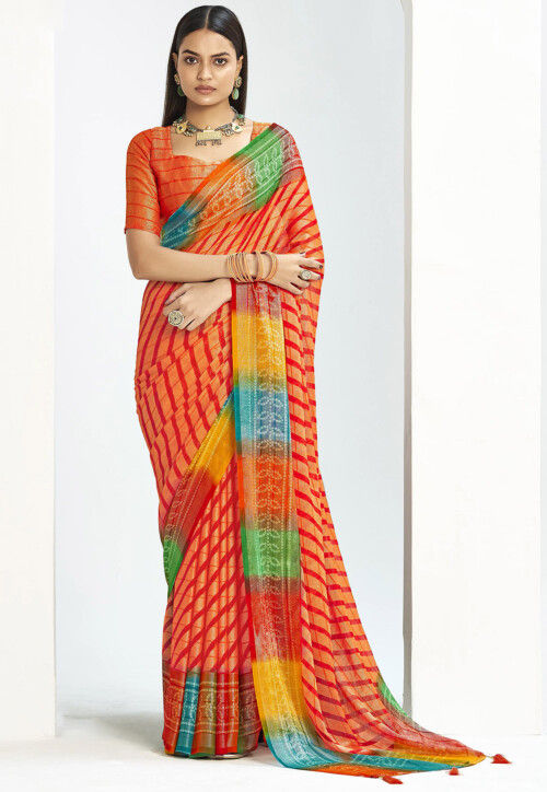 Bandhej Printed Georgette Brasso Saree in Orange