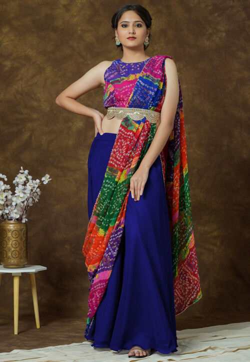 Bandhej Printed Georgette Crop Top in Multicolor and Royal Blue