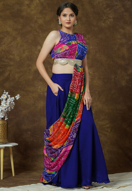 Bandhej Printed Georgette Crop Top in Multicolor and Royal Blue