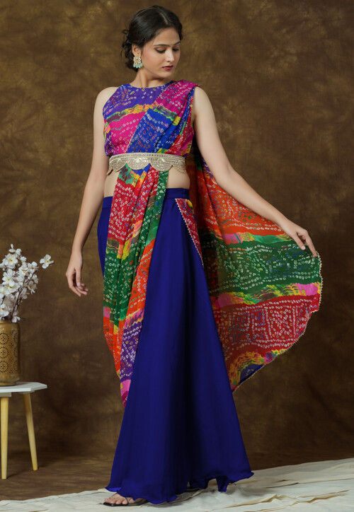 Bandhej Printed Georgette Crop Top in Multicolor and Royal Blue